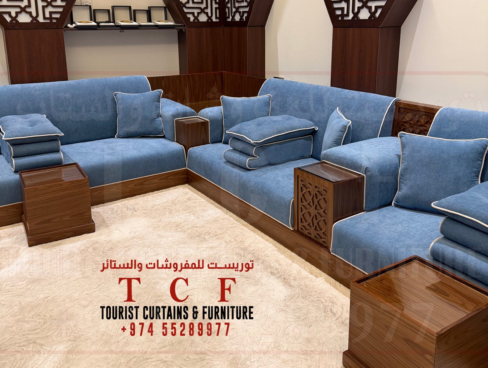 Custom majlis seating in soft blue
